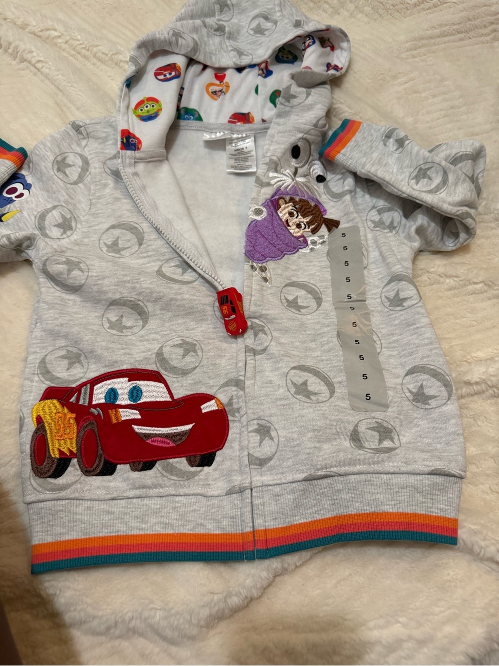 Disney Grey Hooded Jacket with Red Lightning McQueen and Rainbow Trim